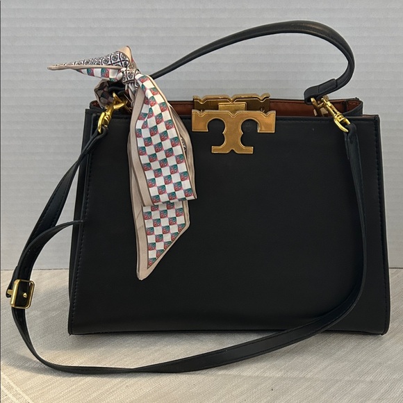 Tory Burch Handbags - Tory Burch $700 Black Eleanor Spazoletto Satchel with Gold Logo and Ribbon